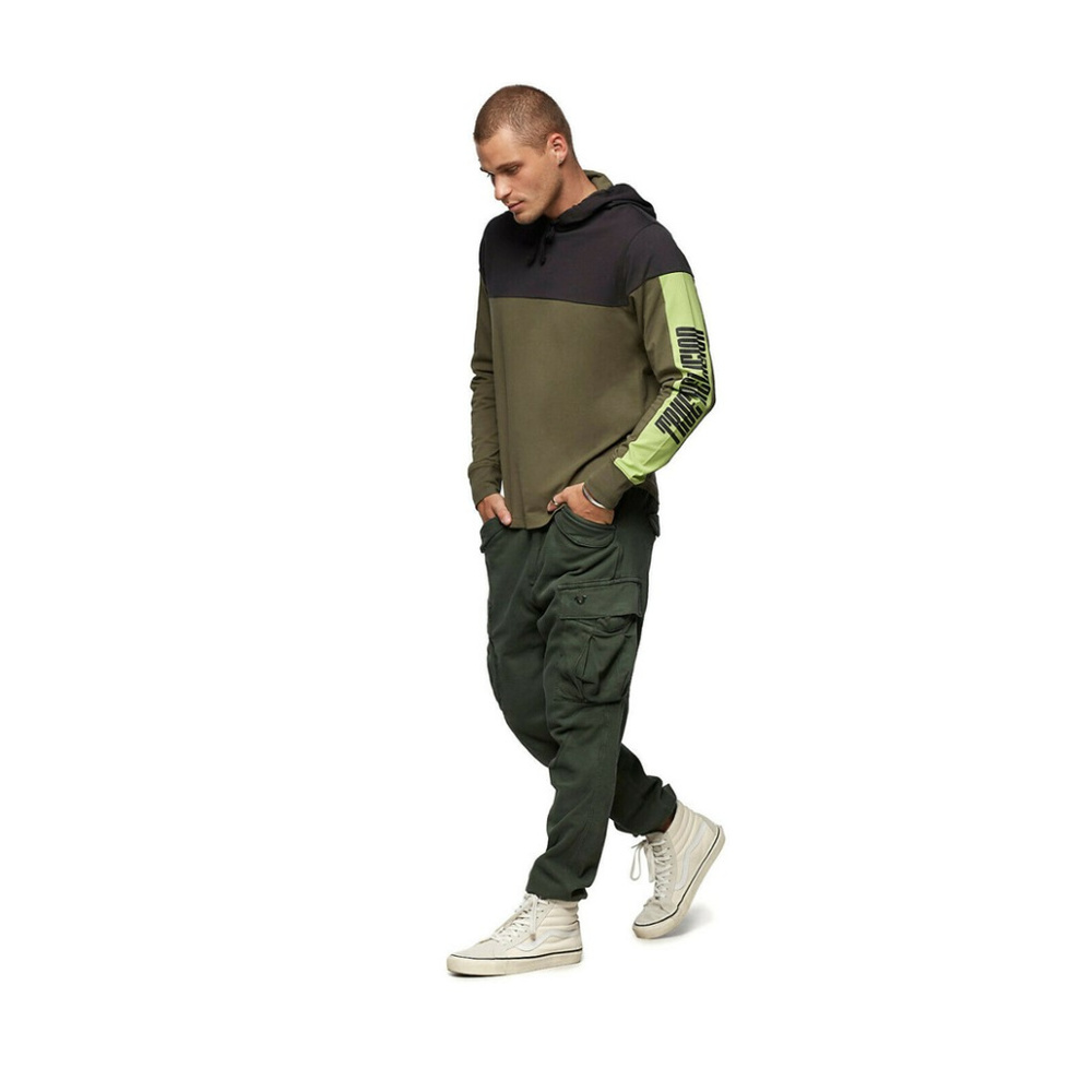 True Religion Men's Long Sleeve Paneled Pullover Hoodie Shirt in Lime/Olive - Picture 5 of 6